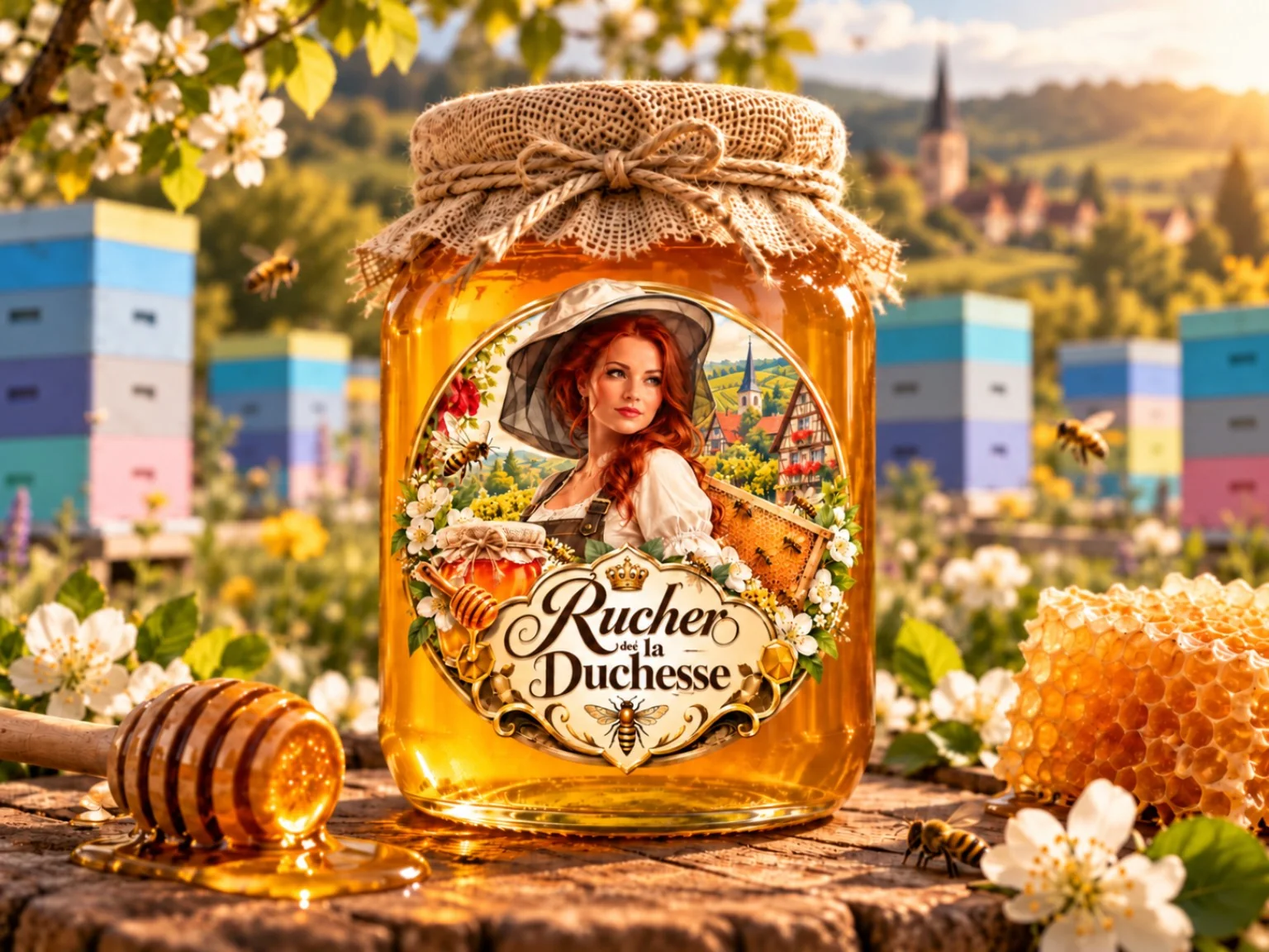 Pot de miel Rucher de la Duchesse devant les ruches colorées